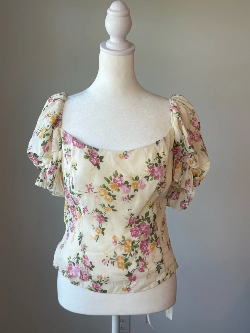 Reformation Marin Cream Floral Square-Neck Puff Sleeve Top